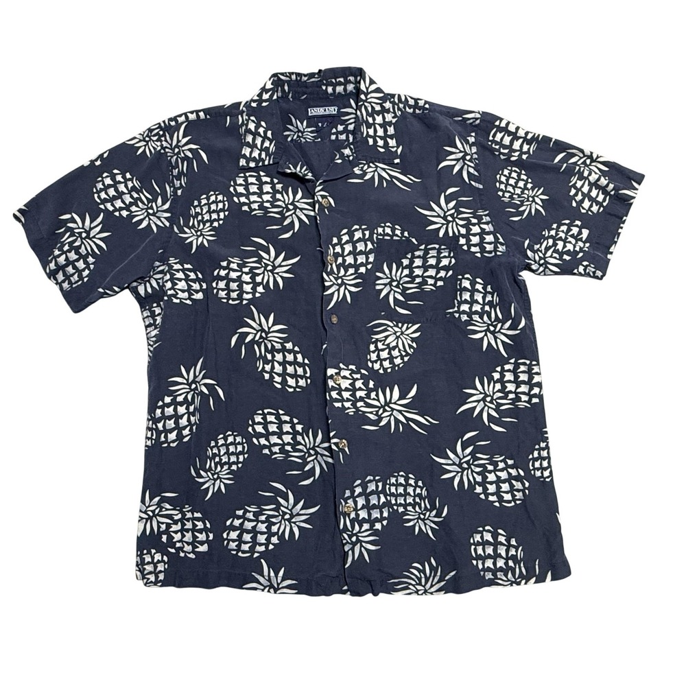 Lands' End Shirt Mens Large Navy Pineapple Silk Linen Hawaiian Camp Short Sleeve